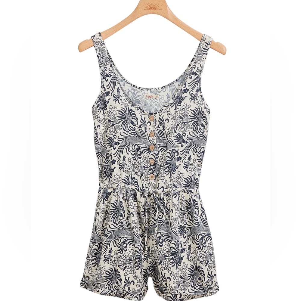 Faherty Quincy Linen Blend Romper Medium Made in USA Pocket Summer Casual Short